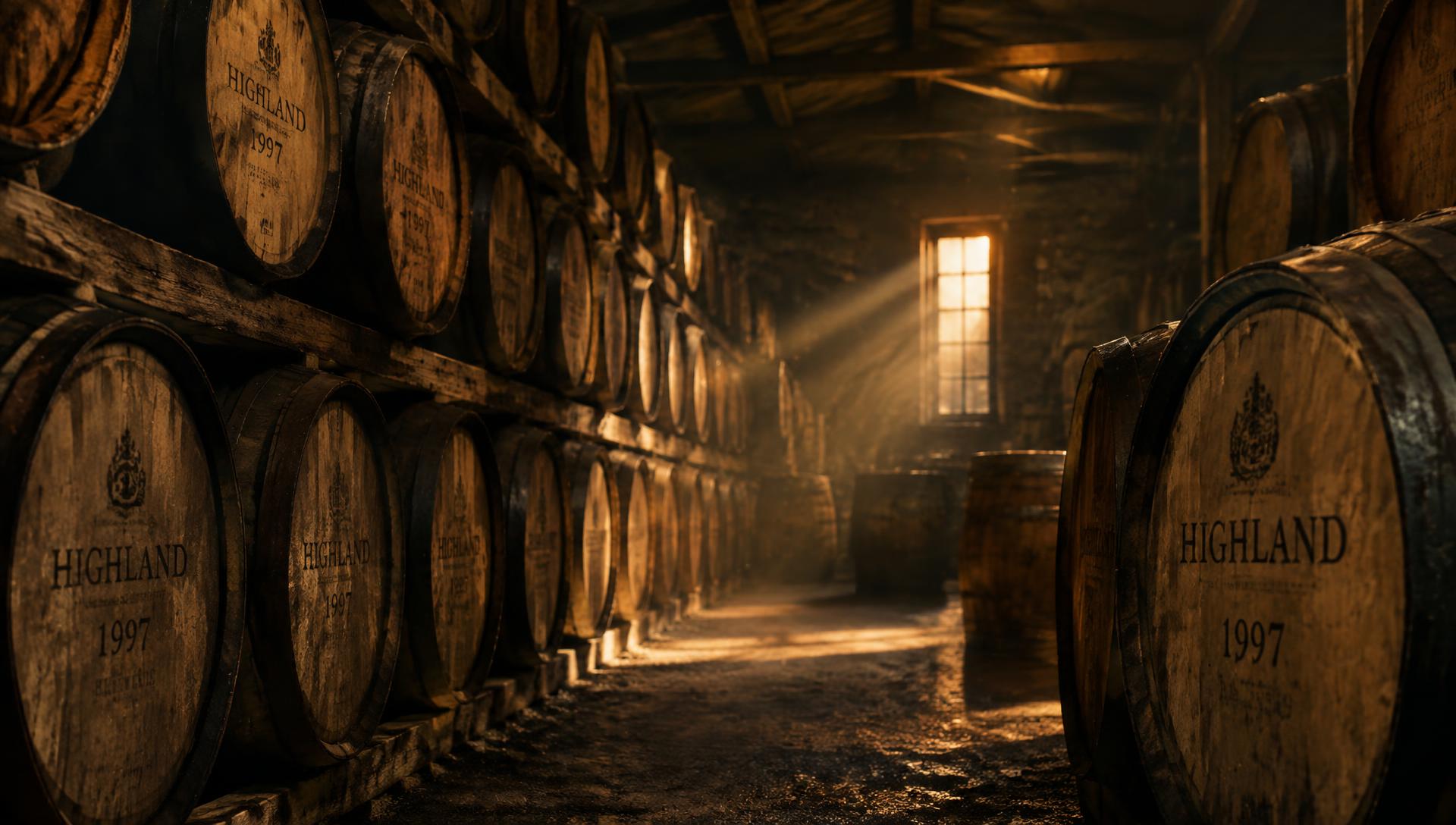 Oak whisky casks resting in a dimly lit bonded warehouse